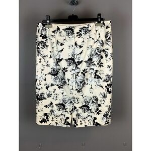Lord & Taylor Cotton Stretch Floral Pencil Skirt Size 10 Ivory Black Tailored‎